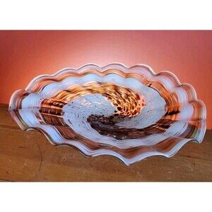 Handmade Blown Art Glass Bowl Ribbon Swirl Ripple Edge Brown Pearlescent Euc